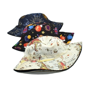 Three-piece bucket hat set featuring celestial prints, solar system, and vintage world map patterns