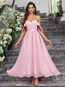 Pink Polka Dot A-Line Evening Dress Spaghetti Strap Off Shoulder Corset Style Party Maxi Dress For Women Wedding Banquet