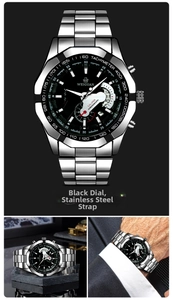 Detail of silver stainless steel chronograph watch with black dial and tachymeter bezel