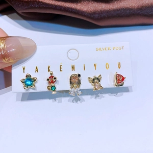 Five-piece princess earring set with colorful zircon and silver posts on display