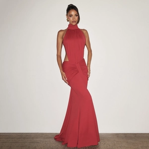 Elegant red backless fishtail evening gown with halter neck and waist cutout design