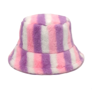 Close-up of pink and purple rainbow striped faux fur bucket hat texture and plush design