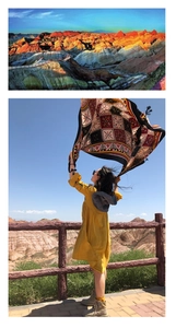 Ethnic geometric pattern shawl with tassels displayed against a scenic desert backdrop