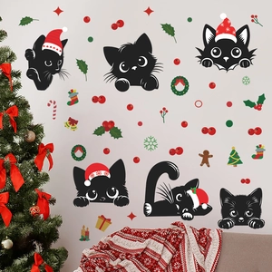 Christmas wall stickers with black cats, stars and holly berries on a festive background