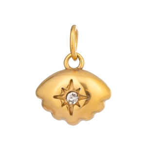 Detailed view of 18K gold plated shell pendant with sparkling center star zircon