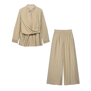 Women Shirt And Wide Leg Pants Crossover Waist Khaki Satiny Long Sleeve Casual Streetwear Elegant Loungewear