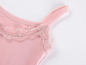 Detail of pink rhinestone modal camisole with delicate floral lace trim and knit texture
