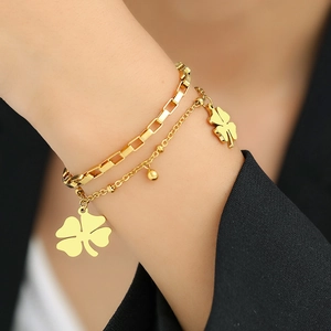 Double-layer gold stainless steel clover pendant bracelet with small gold beads for women