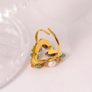 Golden heart-shaped open ring with colorful beads and a natural freshwater pearl detail