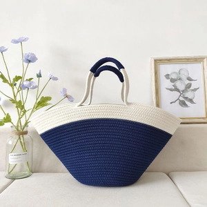 Woven Handbag Cotton Rope Contrast Color Large Capacity Holiday Beach Travel Tote Bag Casual Fashion For Women