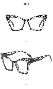 Front and side view of cat eye glasses frames in demi leopard pattern finish