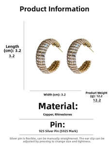 Detailed size view of gold C-shaped rhinestone hoop earrings with 925 silver needles