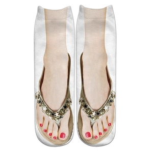 Detail of 3D flip-flop print socks featuring realistic red toenails and star patterns