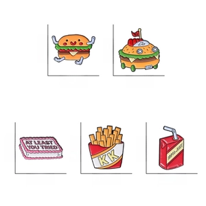 Dimensions détaillées de 5 pin's en émail nourriture cartoon, burger et frites