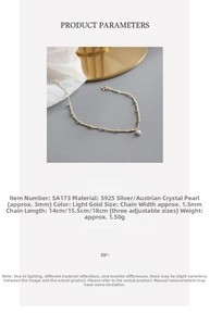 Detail of S925 silver chain with 3mm Austrian crystal pearl and sizing specifications