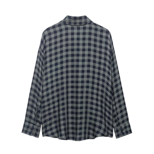 Camicia a quadri da donna a maniche lunghe in grigio e blu navy, vista posteriore