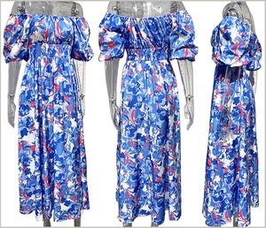Drei-Seiten-Ansicht eines blauen Blumenkleides mit Puffärmeln und Karree-Ausschnitt-Details
