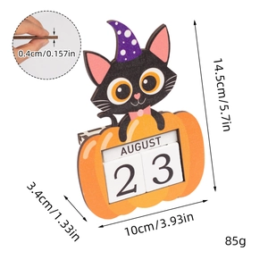 Detailed dimensions of Halloween wooden countdown calendar featuring black cat and pumpkin
