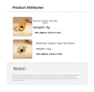 Detailed view of two gold tiger eye rings with copper base showing material and weights