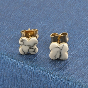 Chic 14k gold stainless steel four-leaf clover stud earrings with white marble pattern