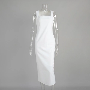 Detail view of the white square neck dress showing soft cotton-linen texture and slim fit