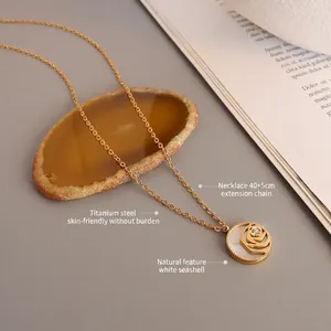 French retro rose shell pendant necklace in 18K gold plated titanium steel