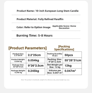 Especificaciones de velas cónicas sin humo de 10 pulgadas hechas de cera de parafina pura