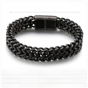 Detail of 12mm wide black stainless steel woven Franco link bracelet with magnetic clasp