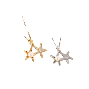 Starfish pendant necklace with pearls and pavé diamonds in gold and silver finish