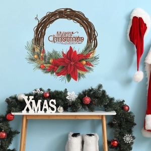 Detail of self-adhesive Christmas wreath wall sticker with pine needles and poinsettias