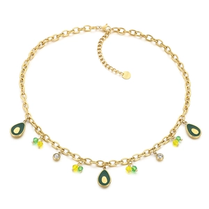 Gold stainless steel chain necklace featuring green avocado charms and crystal accents