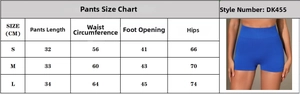 Detailed size chart for high-waisted seamless peach lift yoga shorts in blue color