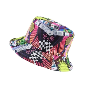 Retro cassette print bucket hat with colorful pop art design on white background