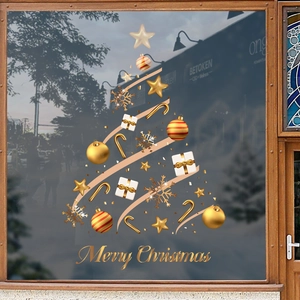 Sticker de Noël doré en forme de sapin avec texte Merry Christmas pour vitrine magasin