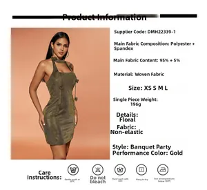 Detail of gold halter neck dress with 3D floral accent and fabric specifications