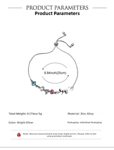 Detail showing cat-themed silver zinc alloy bracelet with colorful rhinestones and dimensions
