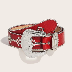 Red crocodile texture belt with vintage embossed silver buckle and metal rivets