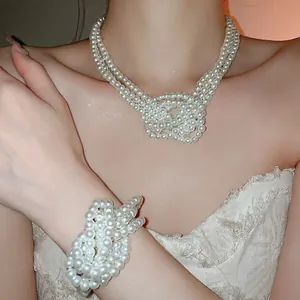Elegant Multi Layer Glass Artificial Pearl Necklace And Bracelet Knot Design Palace Style Retro Jewelry For Women White
