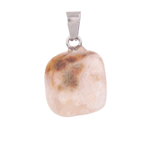 Detail shot of irregular natural stone pendant with silver metal clasp on white background