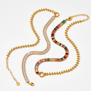 Detail of square-cut colorful cubic zirconia on gold stainless steel necklaces