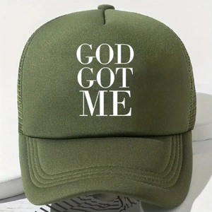 Olive green baseball cap with white GOD GOT ME print and breathable mesh back