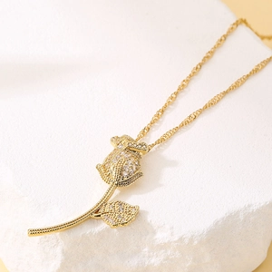 Elegant 18K gold plated rose pendant necklace with zircons on water wave chain