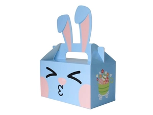 Detail of light blue Easter bunny gift box featuring 3D ears and colorful egg patterns