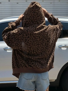 Women's oversized leopard print corduroy hoodie jacket with casual zip-up design