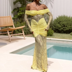 Bright yellow off-shoulder lace patchwork maxi dress with elegant ruching detail