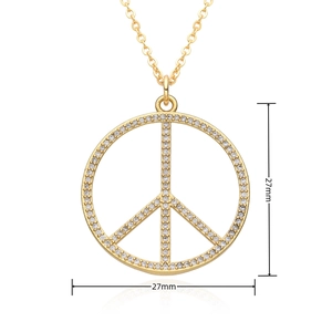 Detailed view of gold-plated peace symbol pendant with zircon inlays, 27mm diameter size