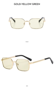 Detailed front and side views of vintage gold square metal sunglasses with yellow green lenses