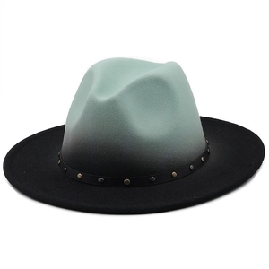 Detail of mint green gradient fedora with studded leather band and wide brim