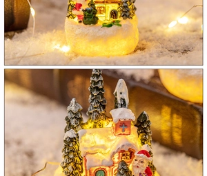 Detail of Christmas resin house with LED lights, Santa Claus figure and snowy texture