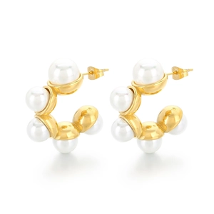 Elegant gold C-shaped stainless steel earrings featuring six lustrous white pearls